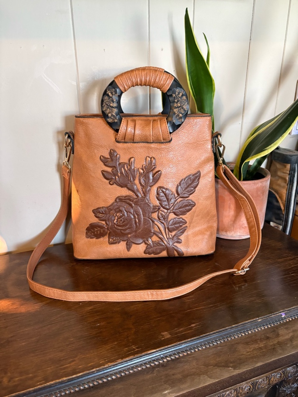 Vintage Rose Embossed Italian Leather Tote Bag